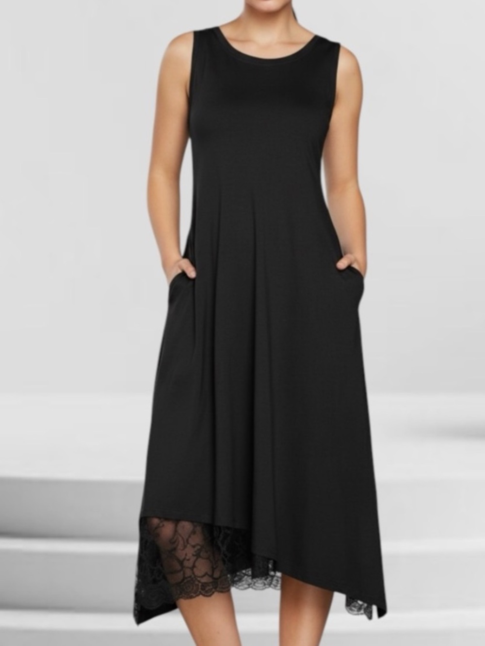 LOGO by Lori Goldstein Black Asymmetrical Lace-Hem Tank Midi Dress Sz XS